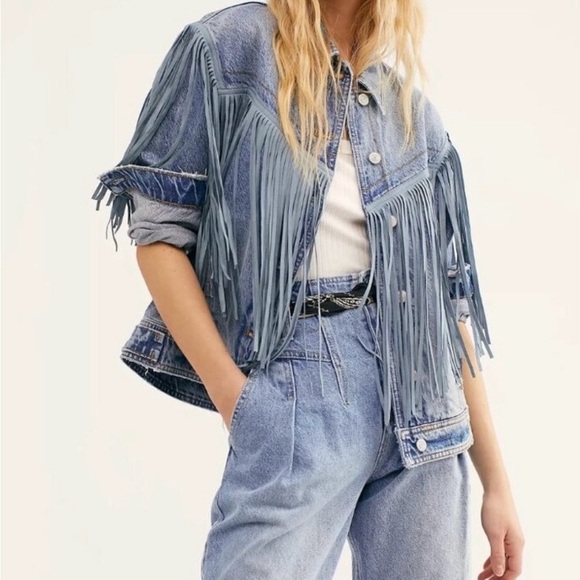 We The Free -Free People Blue Fringe Jean Jacket - Picture 5 of 8